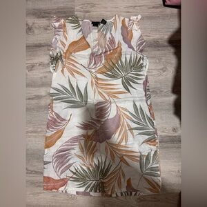 Tahari Linen Sleeveless Dress with Leaf Motif in White, Olive & Mustard